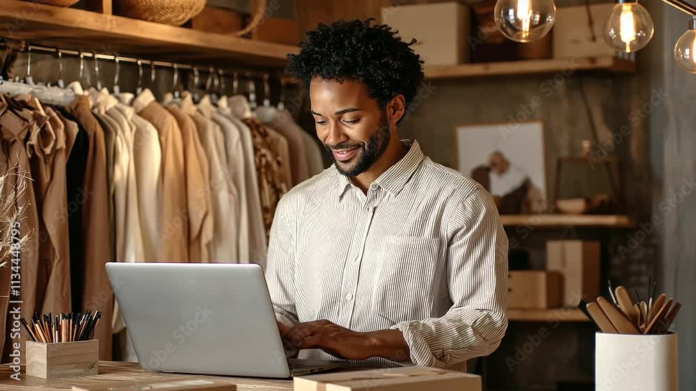 Successful Woman Managing Online Boutique with Laptop and Clothing Rack