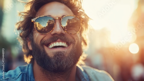 A cheerful man with a beard and wearing stylish sunglasses smiles broadly, basking in the warm glow of sunlight, creating a vibrant, happy atmosphere. photo