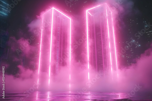 Pink neon light towers in futuristic city at night, with fog.