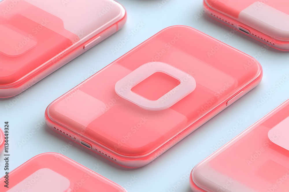 Pink smartphones arranged in a pattern on a light blue background. Pink smartphones arranged in a pattern on a light blue background.