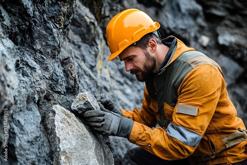 Mining Engineer Examining Rock Samples in Quarry Wearing Rugged Outdoor Gear and Hard Hat