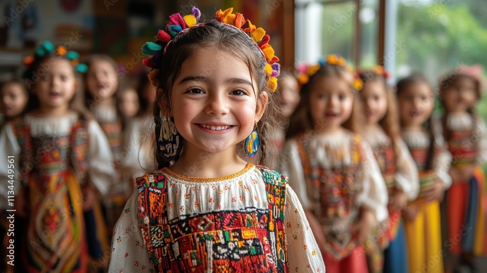 Smiling girl in traditional attire with peers behind her Smiling girl in traditional attire with peers behind her