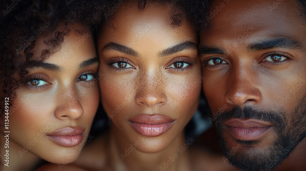 A close-up portrait of three diverse individuals with natural beauty and expressive features. A close-up portrait of three diverse individuals with natural beauty and expressive features.