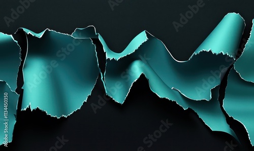 3D teal torn paper with a black background, vector illustration. The papera??s torn edges are distinct and well-defined, captured in a wide-angle side-view shot that highlights the smooth texture. photo