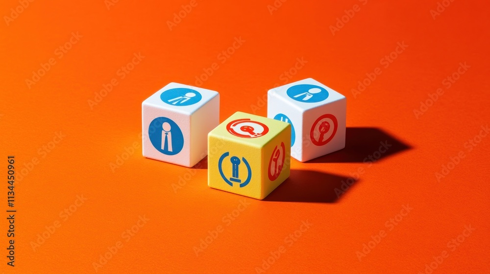Obraz premium Colorful cubes with information and process icons on orange background.