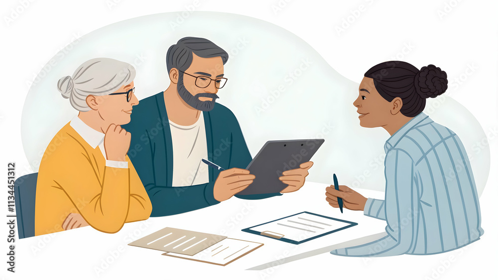 Healthcare Financial Advisor Negotiating with Suppliers Using Documents and Tablet on Plain Background Healthcare Financial Advisor Negotiating with Suppliers Using Documents and Tablet on Plain Background