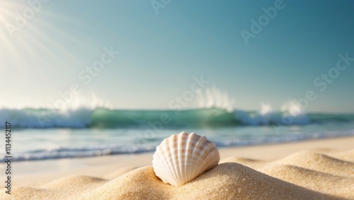 Seashell resting on the shore as gentle waves roll in