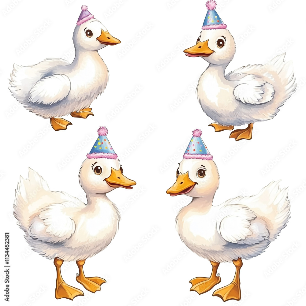 Adorable Party Ducks: Four fluffy white ducks wearing festive birthday hats, a delightful image perfect for celebrations and children's books. Adorable Party Ducks: Four fluffy white ducks wearing festive birthday hats, a delightful image perfect for celebrations and children's books.
