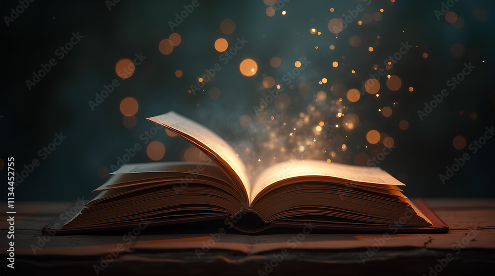 Magic Book With Open Antique Pages And Abstract Bokeh Lights Glowing In Dark Background - Literature And Education Concept Magic Book With Open Antique Pages And Abstract Bokeh Lights Glowing In Dark Background - Literature And Education Concept