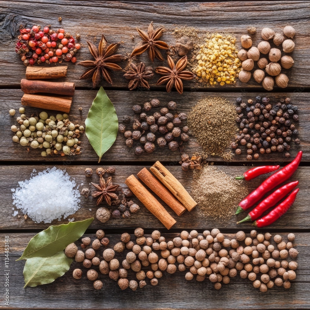 Spice assortment on wood background. Spice assortment on wood background.