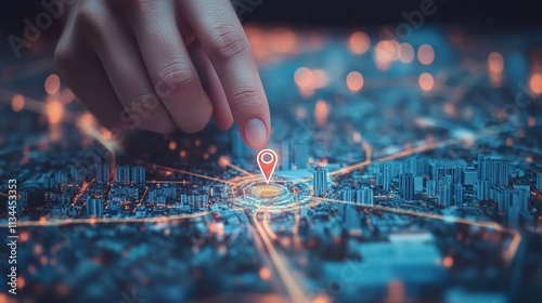 Finger points to a pin on a map, marking a destination for a trip. Futuristic travel concept highlighting routes, journeys, and world exploration.