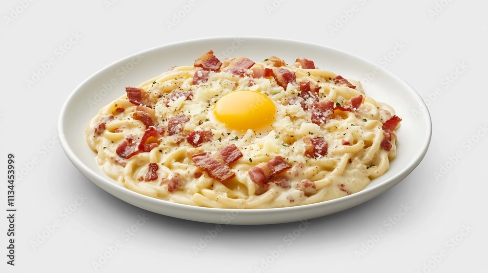 Creamy Carbonara Pasta Dish with Crispy Bacon and Egg Yolk on Gray Background Creamy Carbonara Pasta Dish with Crispy Bacon and Egg Yolk on Gray Background