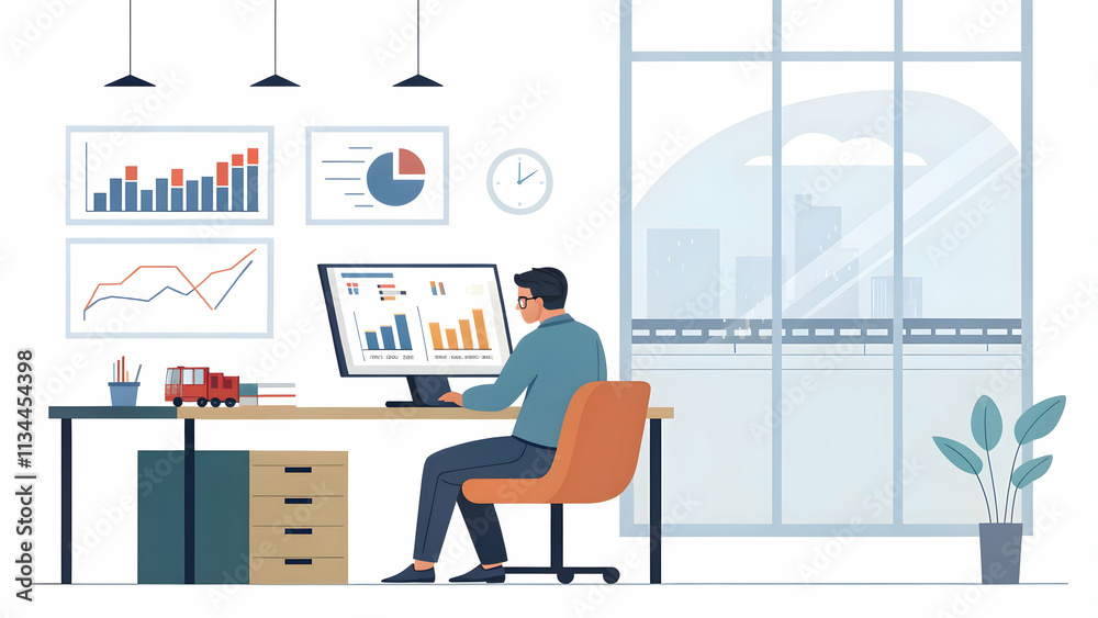 Supply Chain Manager Analyzing Transportation Costs on Glossy Background for Logistics Marginal Cost Representation Supply Chain Manager Analyzing Transportation Costs on Glossy Background for Logistics Marginal Cost Representation