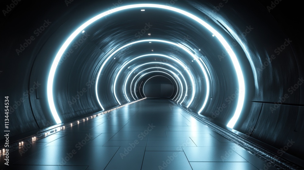 Illuminated tunnel with a futuristic design, blending light and shadows in an urban setting Illuminated tunnel with a futuristic design, blending light and shadows in an urban setting