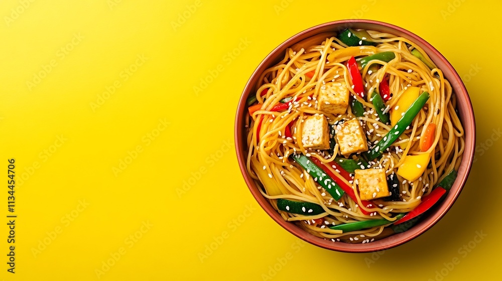 Vibrant Noodle Stir Fry with Veggies Tofu and Sesame Seeds Against Bright Yellow Background Vibrant Noodle Stir Fry with Veggies Tofu and Sesame Seeds Against Bright Yellow Background