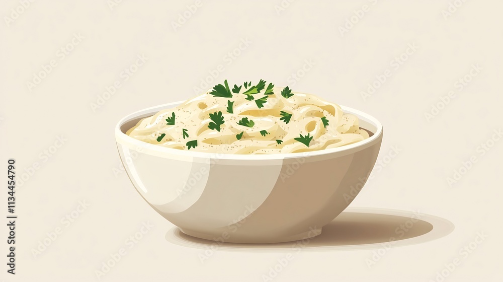 Creamy Alfredo Pasta Dish with Parsley and Parmesan on Beige Background Creamy Alfredo Pasta Dish with Parsley and Parmesan on Beige Background
