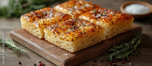 Wallpaper Mural Four pieces of golden-brown focaccia bread topped with herbs and sea salt, arranged on a rustic wooden board. Torontodigital.ca
