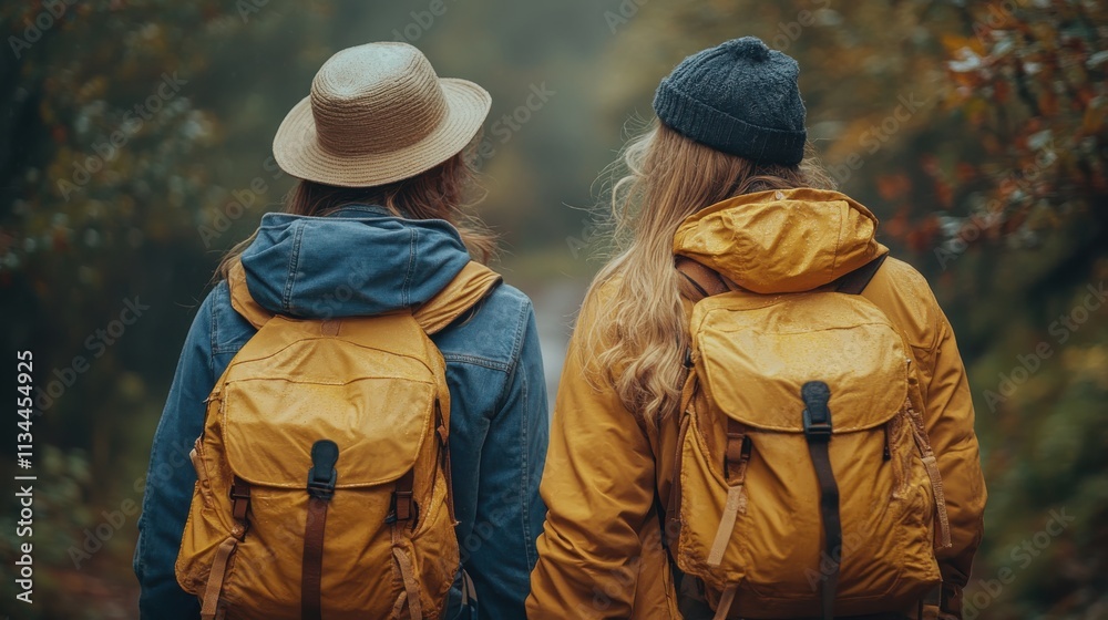 Two hikers in yellow jackets and backpacks walking in a forest. Two hikers in yellow jackets and backpacks walking in a forest.