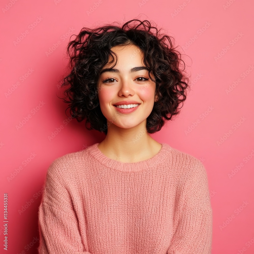 Smiling woman with curls in sweater on pink background. Smiling woman with curls in sweater on pink background.