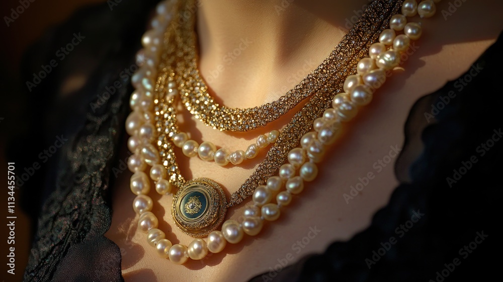 Woman wearing a layered pearl and gold necklace. Woman wearing a layered pearl and gold necklace.