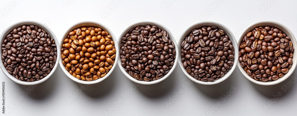 An array of bowls with coffee beans in assorted shades displays their rich textures and colors, emphasizing the diversity in roasting techniques. An array of bowls with coffee beans in assorted shades displays their rich textures and colors, emphasizing the diversity in roasting techniques.