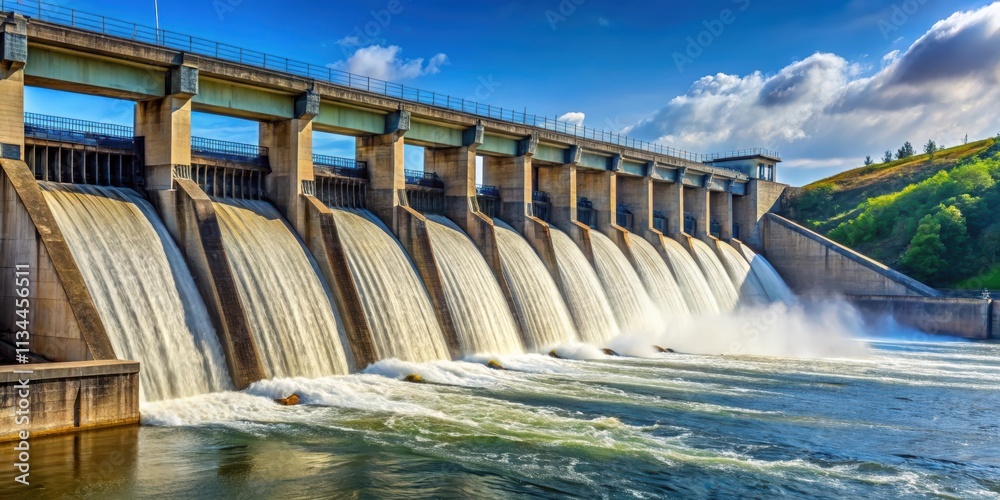 Hydroelectric dam with flowing water, hydroelectric, dam, water, power, energy, renewable, electricity Hydroelectric dam with flowing water, hydroelectric, dam, water, power, energy, renewable, electricity