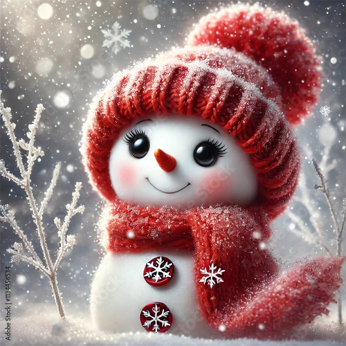 Charming Snowman in a Cozy Winter with red Hat and Scarf , in a snowy landscape. Generated AI Image.