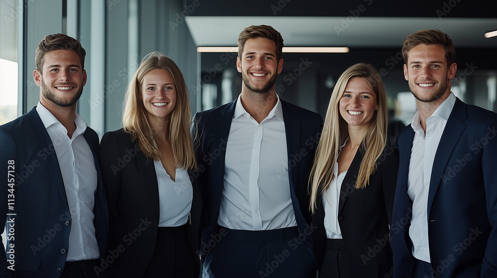 A group of young business professionals in a modern office, smiling and expressing positivity. The workspace features sleek furniture and natural lighting, emphasizing collaboration, teamwork A group of young business professionals in a modern office, smiling and expressing positivity. The workspace features sleek furniture and natural lighting, emphasizing collaboration, teamwork