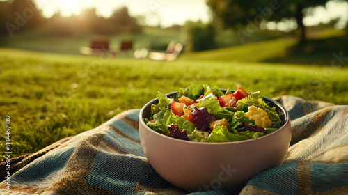 Fresh salad bowl on picnic blanket in sunny park setting