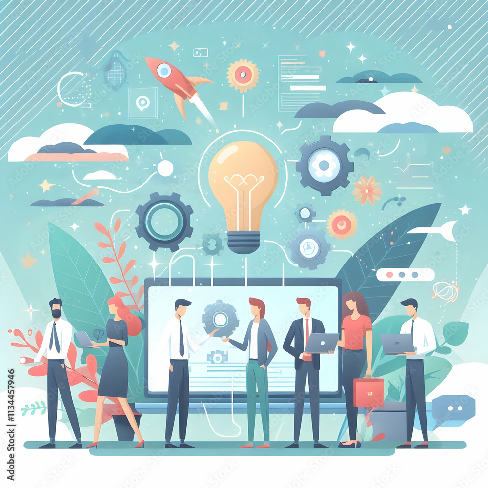 Flat Startup Team Digital Twins Collaboration Soft Abstract Background Simple Cute Vector Illustration Business Innovation Copy Space Flat Startup Team Digital Twins Collaboration Soft Abstract Background Simple Cute Vector Illustration Business Innovation Copy Space