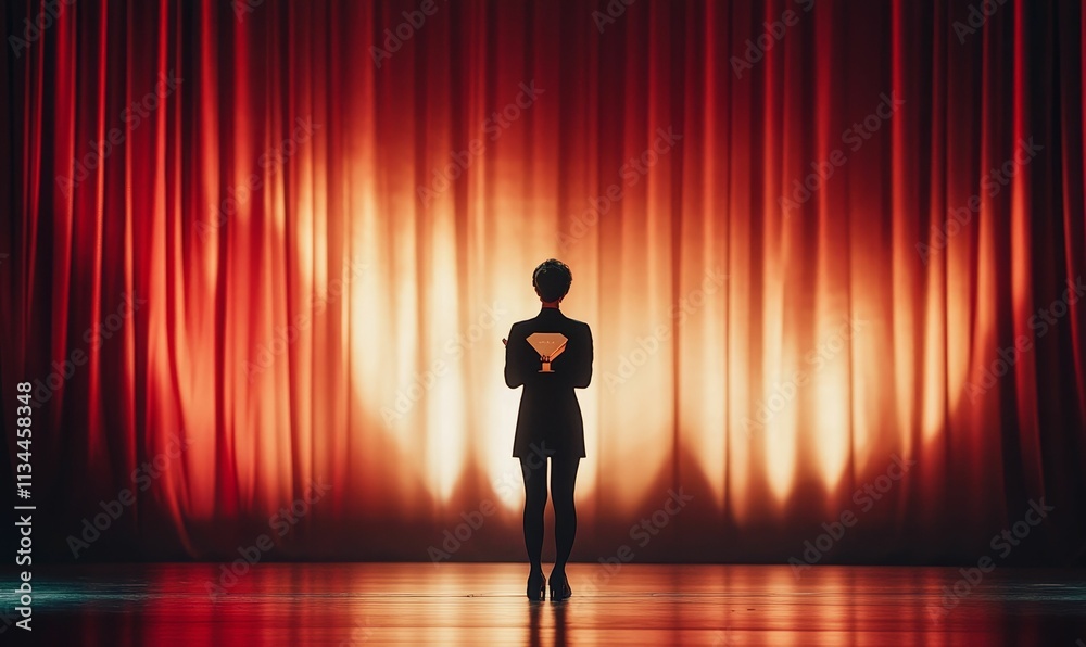 Silhouette holds award, red curtain backdrop. Silhouette holds award, red curtain backdrop.