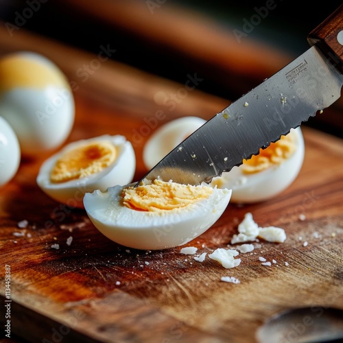 Egg cut by knife, slices on board.