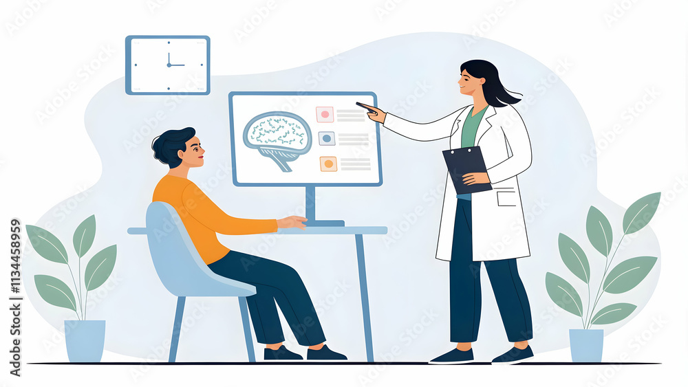 Doctor Explaining AI Diagnostic Tool to Patient Symbolizing Healthcare Innovation and Personalized Care with Copy Space