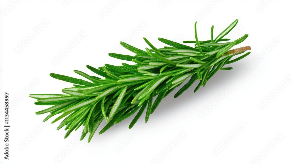 Fototapeta premium A photostock of a bundle of fresh rosemary with soft green needles, placed on a seamless white background, symbolizing flavor and natural freshness. High Quality