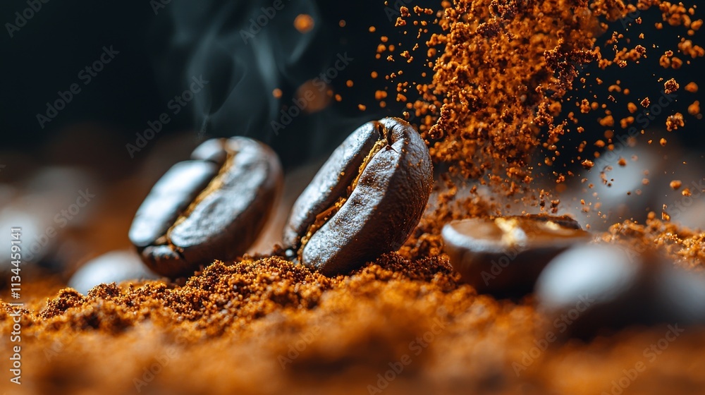 The enchanting swirl of freshly ground coffee beans mingling with fragrant coffee grounds in a cozy kitchen. The enchanting swirl of freshly ground coffee beans mingling with fragrant coffee grounds in a cozy kitchen.