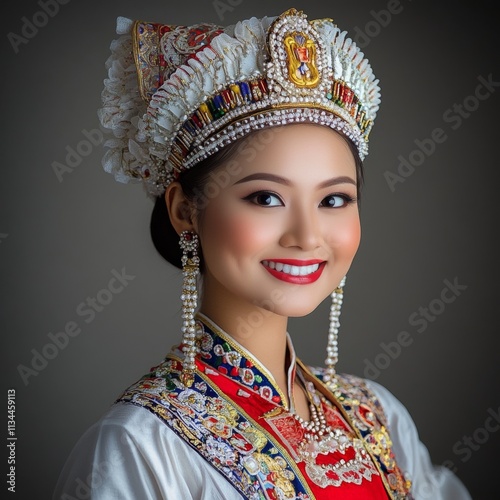 Dancer in Malaysian attire beams.