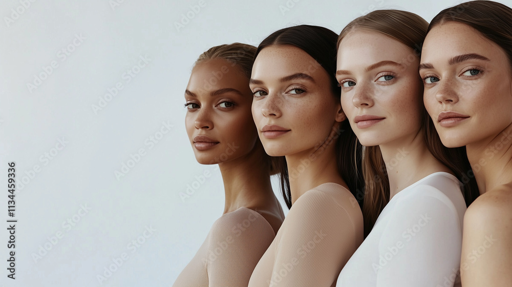 A refined and professional photograph featuring a group of diverse women with smooth, flawless skin and a radiant, natural look. They stand together against a pure white background, exuding elegance a A refined and professional photograph featuring a group of diverse women with smooth, flawless skin and a radiant, natural look. They stand together against a pure white background, exuding elegance a