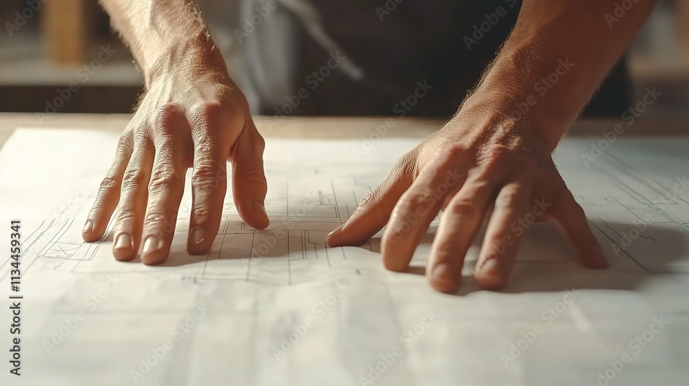 Civil Engineer's Hands Working on Detailed Blueprint Design Civil Engineer's Hands Working on Detailed Blueprint Design