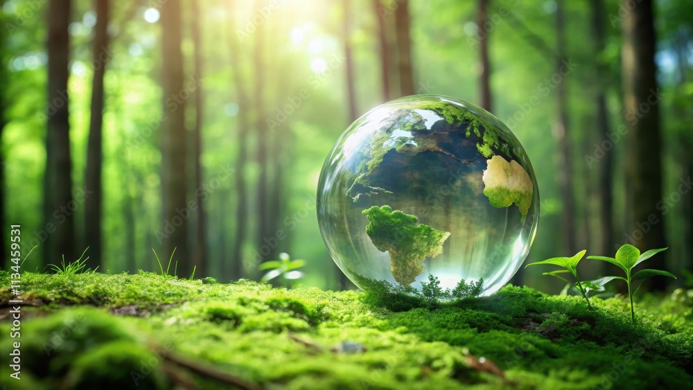 Glass earth globe surrounded by lush green forest , earth, globe, glass, forest, nature, environment, concept Glass earth globe surrounded by lush green forest , earth, globe, glass, forest, nature, environment, concept