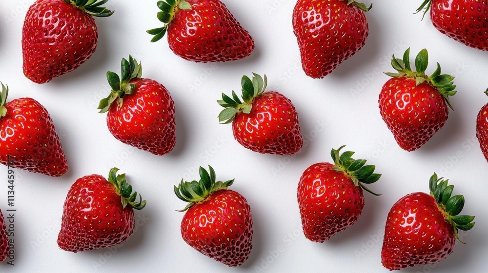 A photostock of a cluster of fresh strawberries arranged neatly on a seamless white background, showcasing their vibrant red color and juicy texture. High Quality A photostock of a cluster of fresh strawberries arranged neatly on a seamless white background, showcasing their vibrant red color and juicy texture. High Quality