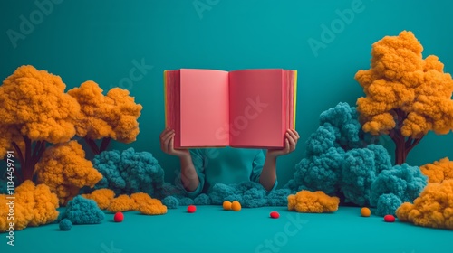 Vibrant imaginary world of reading: hands holding open book among colorful foam trees