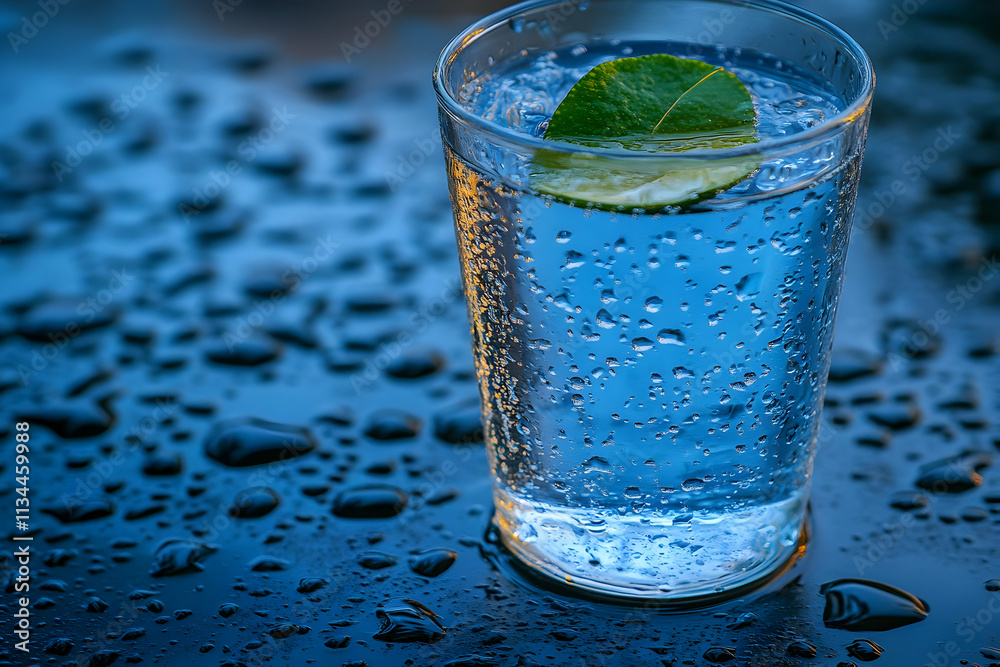 Refreshing lime water in glass with condensation on wet surface. Refreshing lime water in glass with condensation on wet surface.