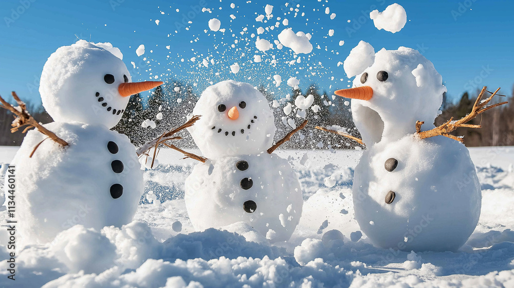 A group of snowmen having a snowball fight. A group of snowmen having a snowball fight.