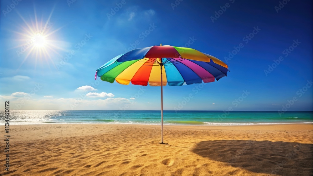 Vibrant rendering of a colorful beach umbrella on a sunny summer day, Summer, beach, umbrella, colorful, vibrant Vibrant rendering of a colorful beach umbrella on a sunny summer day, Summer, beach, umbrella, colorful, vibrant
