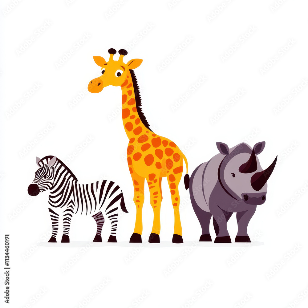 Obraz premium Cute cartoon animals zebra, giraffe, and rhinoceros together