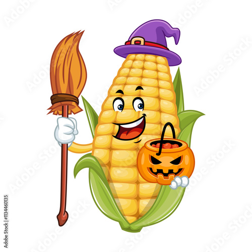 Corn cob witch Halloween cartoon character.