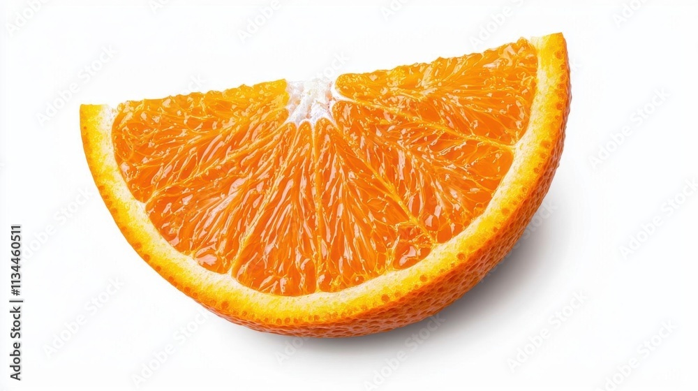 A photostock of a fresh orange slice with visible juicy pulp, placed on a seamless white background, symbolizing citrus freshness and natural energy. High Quality A photostock of a fresh orange slice with visible juicy pulp, placed on a seamless white background, symbolizing citrus freshness and natural energy. High Quality