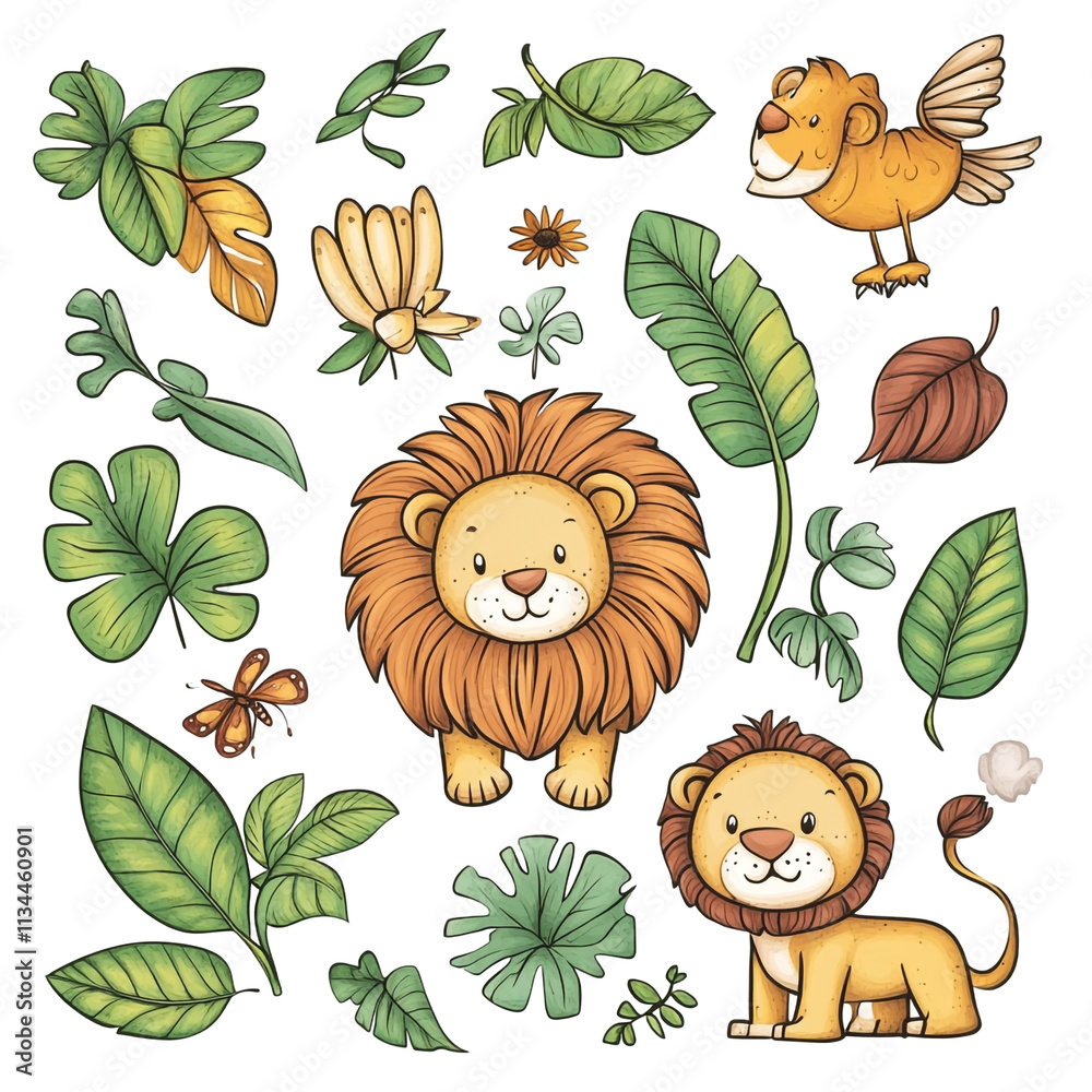 Obraz premium Jungle Adventure: Two Adorable Lions Amidst Lush Tropical Foliage