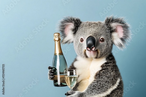 Cute Koala Bear Holding Champagne Bottle and Glass Celebrating New Year s Eve photo