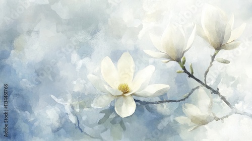 Delicate magnolia blossoms in soft pastel blue tones.
